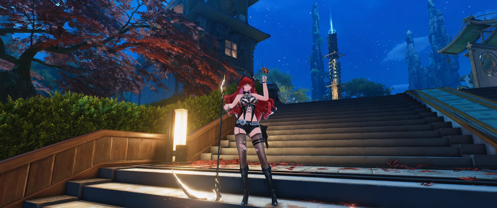 Augusta in Soul Eater by Ceeji, with her scythe, on the steps at night in Wuthering Waves
