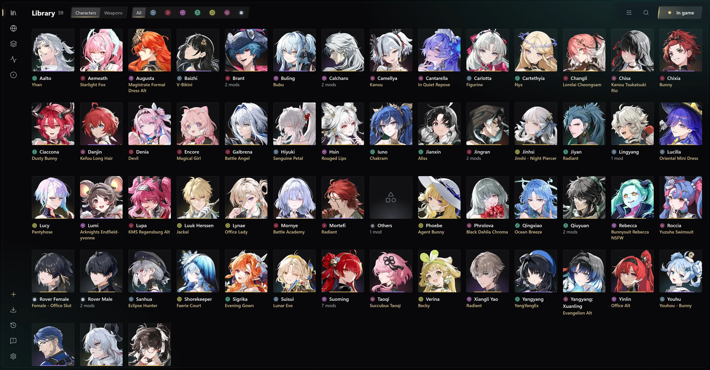 Timbre's Library: every character with the mod she wears